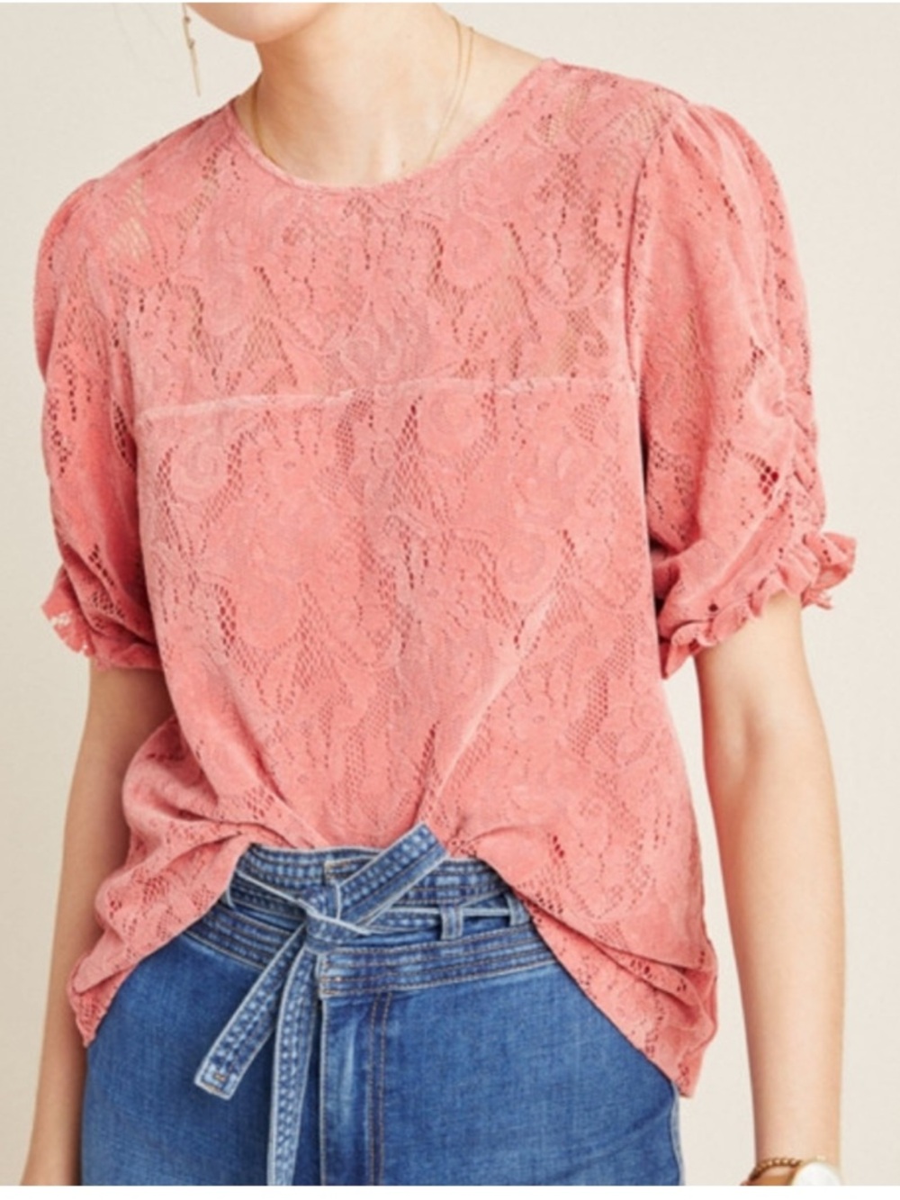 Anthro Coral Lace Puff Sleeve Blouse Romantic Sheer Top large Bobo Coastal Chic